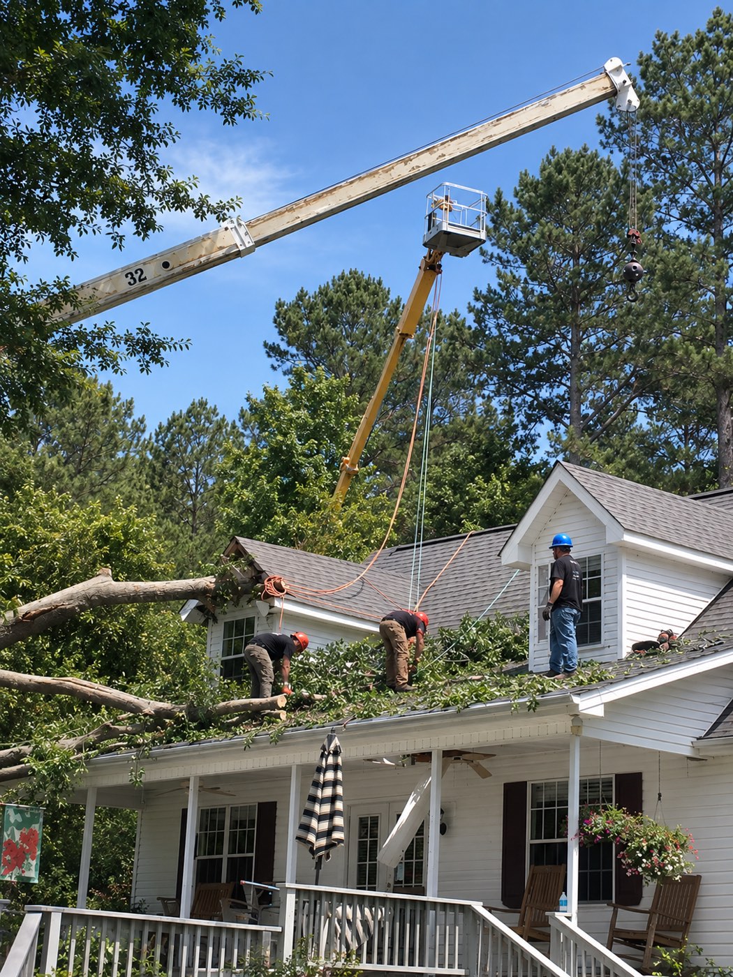 Abattage d'arbre assisté par grue au-dessus d'une résidence